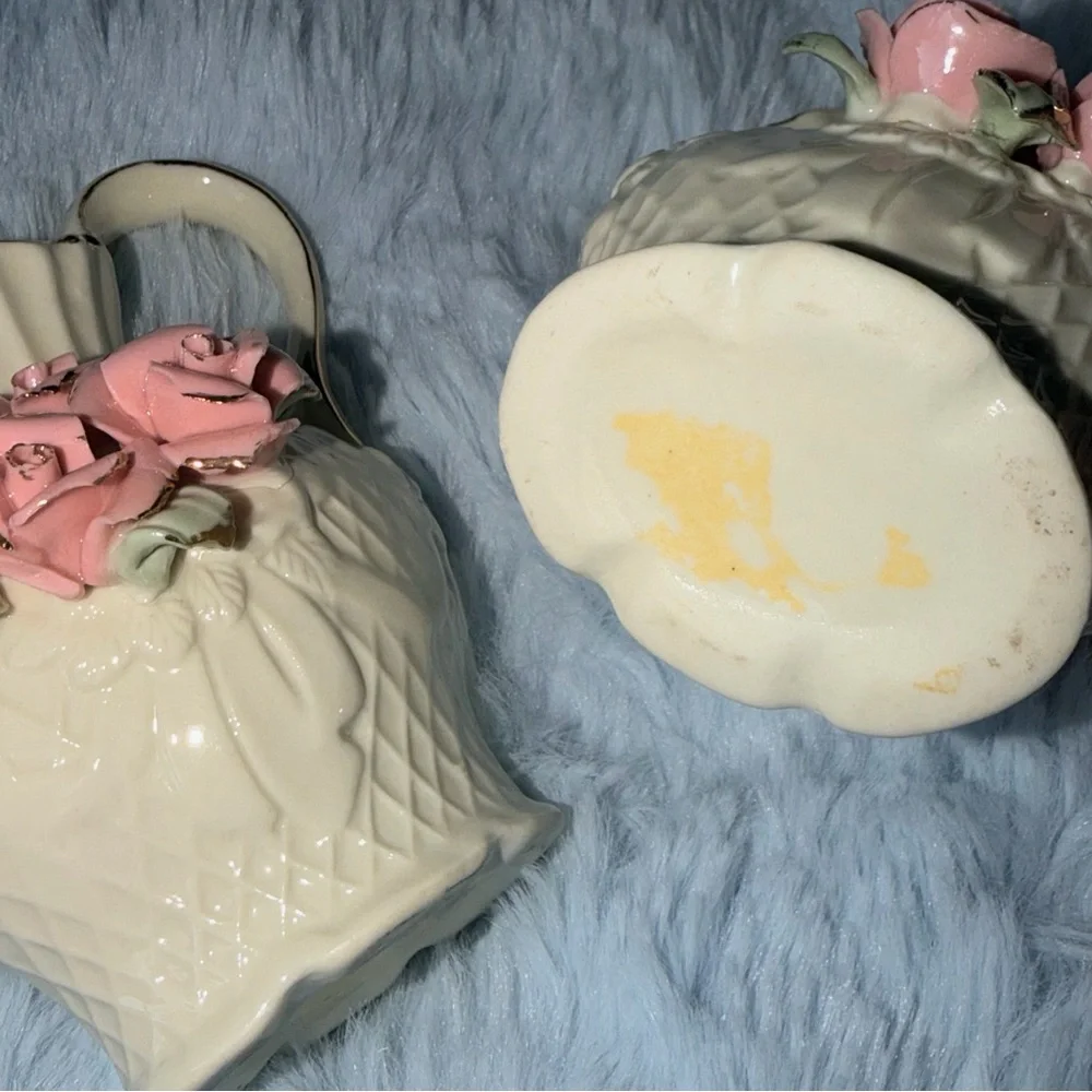 Vintage Porcelain Pink Rose Pitcher Vases Lattice Pattern Gold Trim Collectible